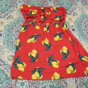 Red floral strapless dress